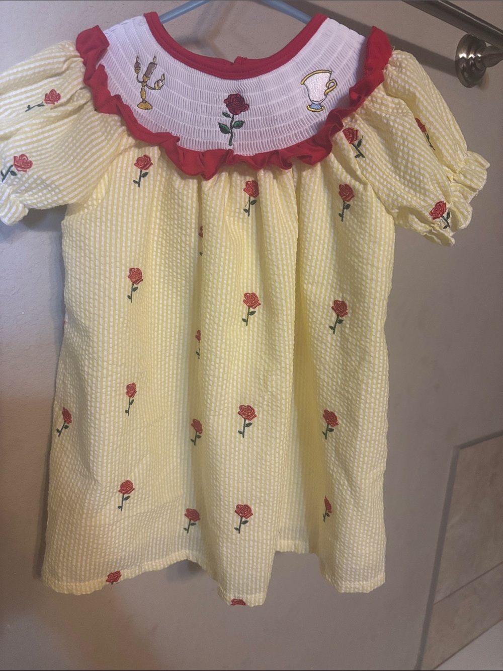 Yellow Rose-Embroidered Seersucker Dress with Red Trim for Girls